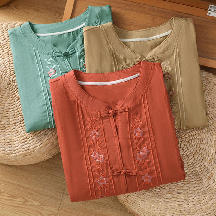 Buddha Stones Frog-button Stand Collar Embroidered Flower Elastic Cuff Three Quarter Sleeve Women's Shirt - image 21