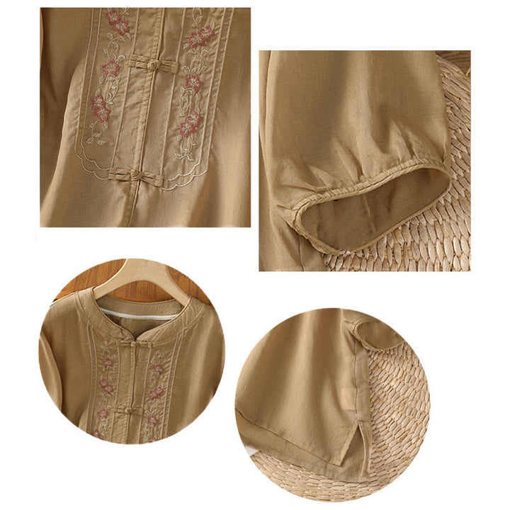 Buddha Stones Frog-button Stand Collar Embroidered Flower Elastic Cuff Three Quarter Sleeve Women's Shirt - image 14