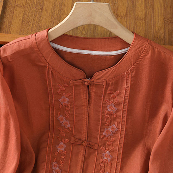 Buddha Stones Frog-button Stand Collar Embroidered Flower Elastic Cuff Three Quarter Sleeve Women's Shirt - image 17