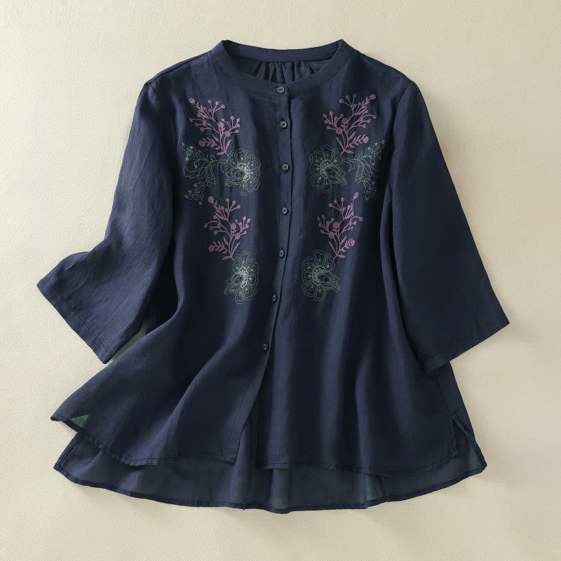 Buddha Stones Embroidery Pleated Design Stand Collar Three Quarter Sleeve Side Slit Hem Women's Cotton Shirt - MidnightBlue - US8-10，UK/AU12-14，EU40-42 (2XL) - image 0