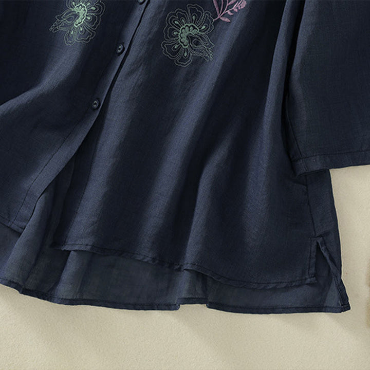 Buddha Stones Embroidery Pleated Design Stand Collar Three Quarter Sleeve Side Slit Hem Women's Cotton Shirt - image 6