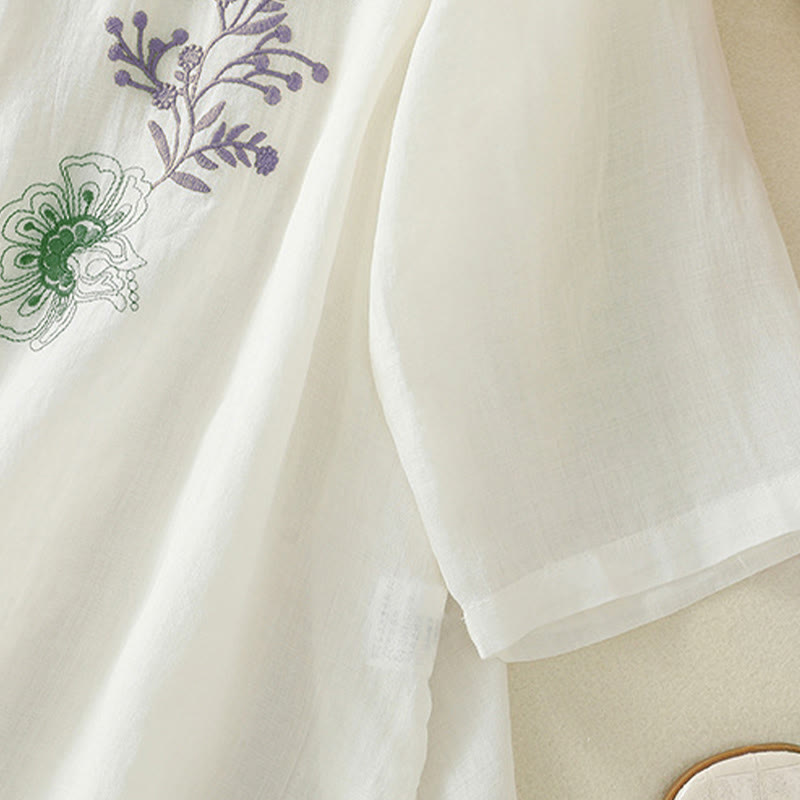 Buddha Stones Embroidery Pleated Design Stand Collar Three Quarter Sleeve Side Slit Hem Women's Cotton Shirt - image 21