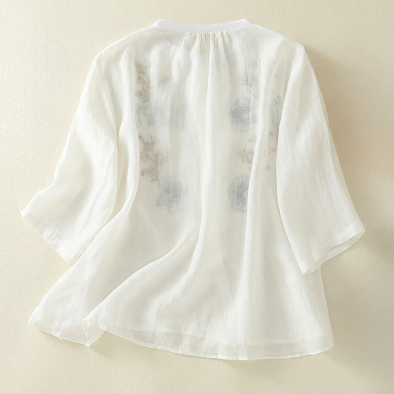 Buddha Stones Embroidery Pleated Design Stand Collar Three Quarter Sleeve Side Slit Hem Women's Cotton Shirt - image 17