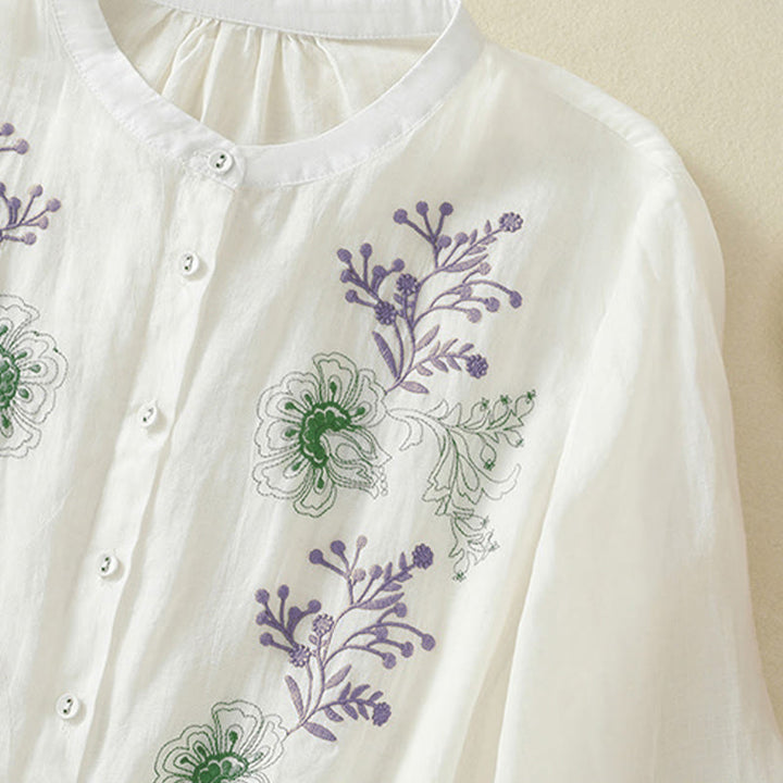 Buddha Stones Embroidery Pleated Design Stand Collar Three Quarter Sleeve Side Slit Hem Women's Shirt - image 20