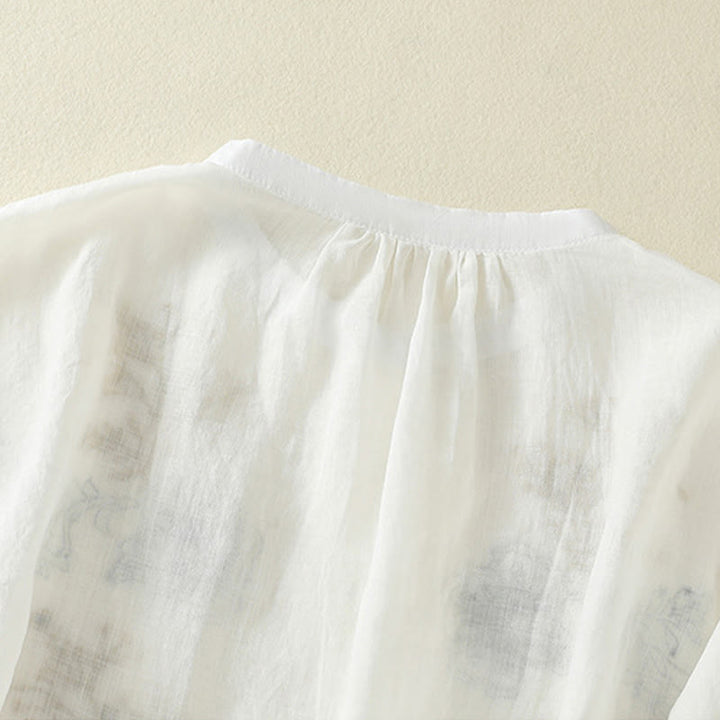 Buddha Stones Embroidery Pleated Design Stand Collar Three Quarter Sleeve Side Slit Hem Women's Shirt - image 19
