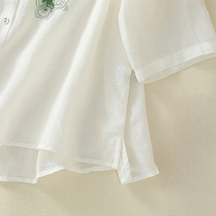 Buddha Stones Embroidery Pleated Design Stand Collar Three Quarter Sleeve Side Slit Hem Women's Cotton Shirt - image 24