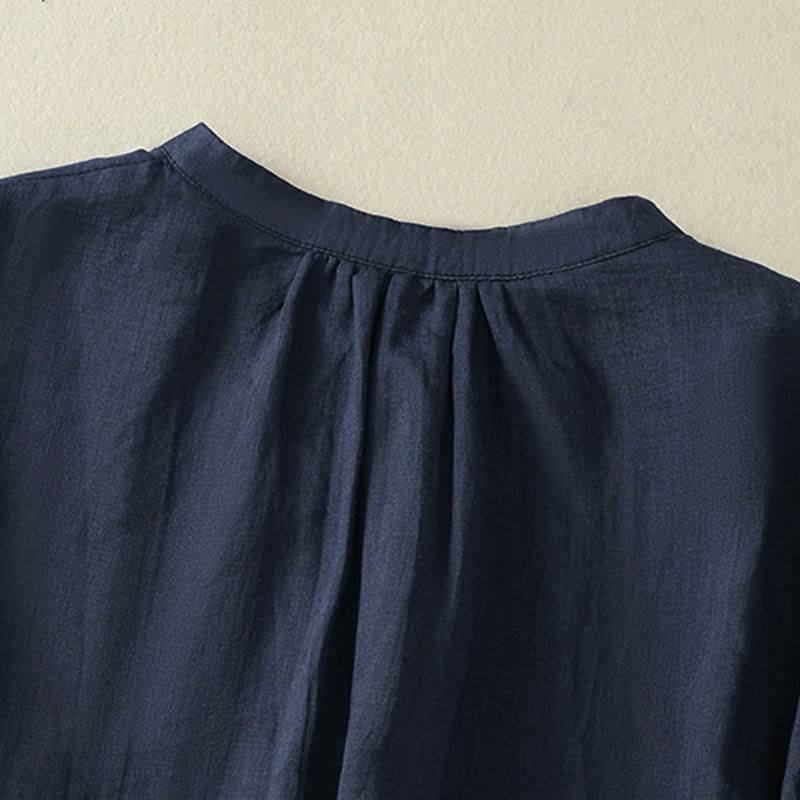 Buddha Stones Embroidery Pleated Design Stand Collar Three Quarter Sleeve Side Slit Hem Women's Cotton Shirt - image 3