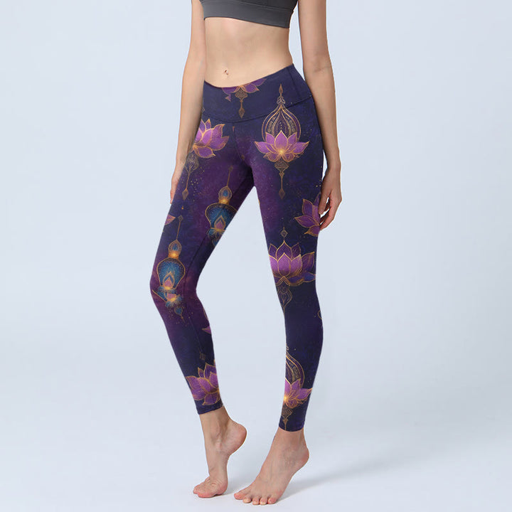 Buddha Stones Dreamlike Lotus Flower Lantern Print Gym Leggings Women's Yoga Pants - Indigo - US18，UK/AU22，EU50 (4XL) - image 0