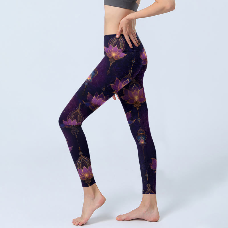 Buddha Stones Dreamlike Lotus Flower Lantern Print Gym Leggings Women's Yoga Pants - image 2