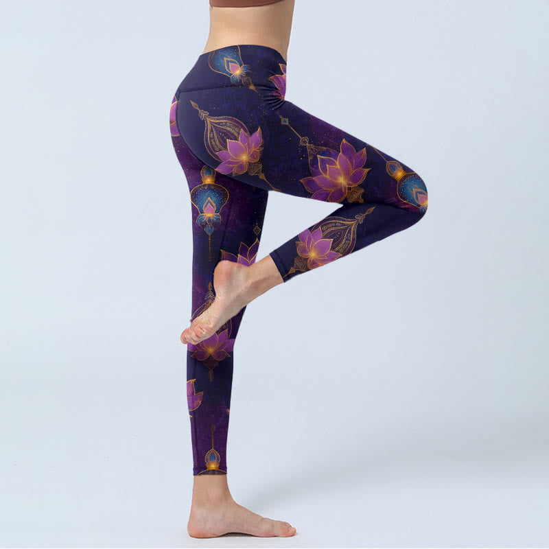 Buddha Stones Dreamlike Lotus Flower Lantern Print Gym Leggings Women's Yoga Pants - image 3