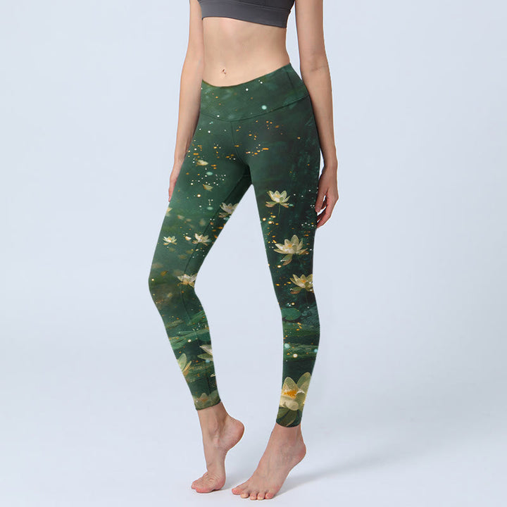 Buddha Stones Dreamlike Lotus Flower Leaf Print Gym Leggings Women's Yoga Pants - DarkGreen - US18，UK/AU22，EU50 (4XL) - image 0