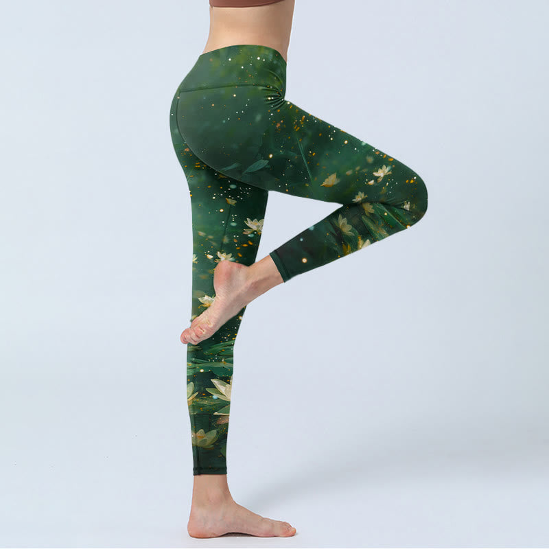 Buddha Stones Dreamlike Lotus Flower Leaf Print Gym Leggings Women's Yoga Pants - image 3