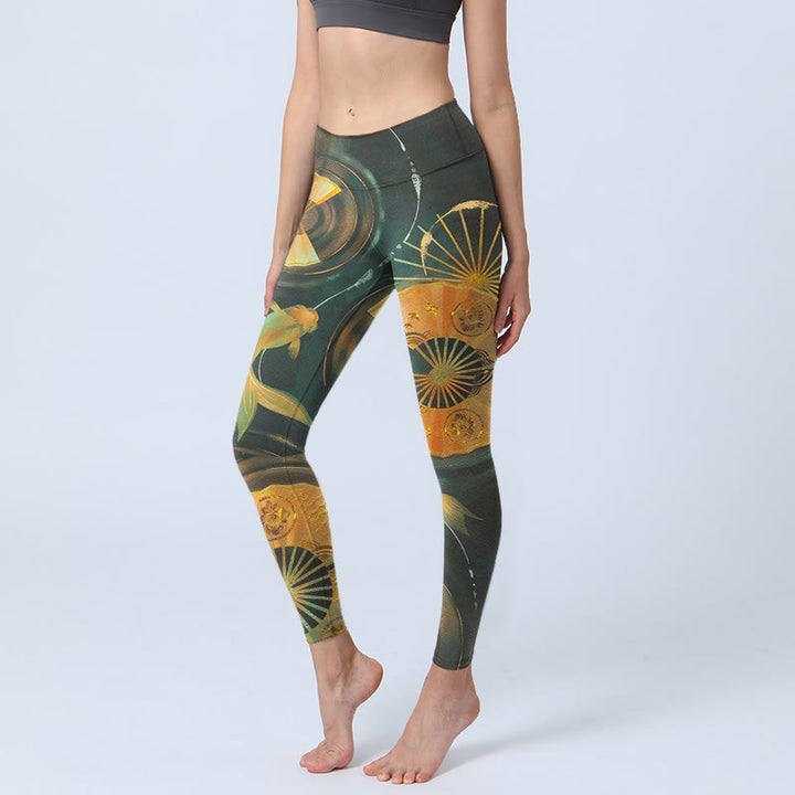 Buddha Stones Gorgeous Folding Fan Koi Fish Print Gym Leggings Women's Yoga Pants - DarkOliveGreen - US18，UK/AU22，EU50 (4XL) - image 0