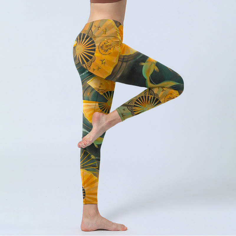 Buddha Stones Gorgeous Folding Fan Koi Fish Print Gym Leggings Women's Yoga Pants - image 3