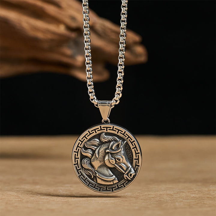 Buddha Stones Year Of The Horse Titanium Steel Balance Necklace Pendants - image 1