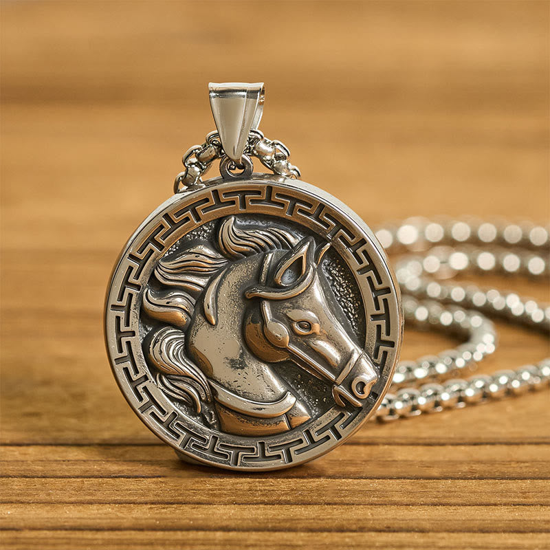 Buddha Stones Year Of The Horse Titanium Steel Balance Necklace Pendants - image 3