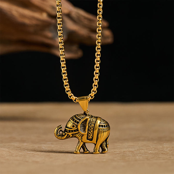 Buddha Stones Titanium Steel Elephant Strengthen Necklace Pendants - Golden Titanium Steel Elephant - image 7