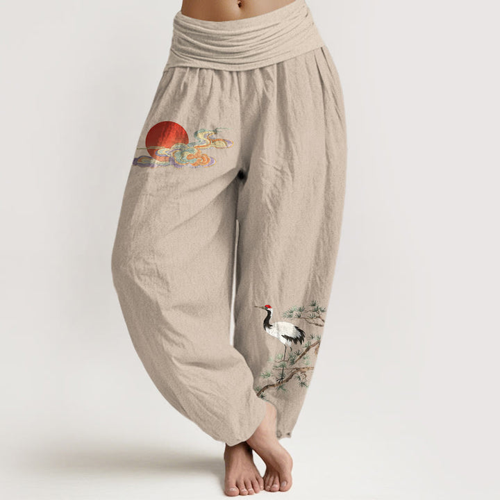 Buddha Stones Pure Cotton Concise Sun Cloud Crane Pine Tree Pattern Women's Elastic Waist Harem Pants - Tan - US16，UK/AU20，EU48 (3XL) - image 0