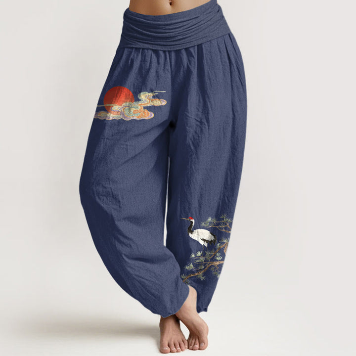 Buddha Stones Pure Cotton Concise Sun Cloud Crane Pine Tree Pattern Women's Elastic Waist Harem Pants - DarkSlateBlue - US16，UK/AU20，EU48 (3XL) - image 8