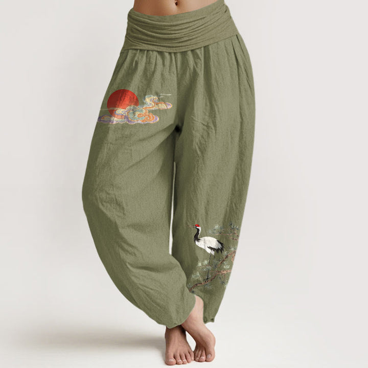 Buddha Stones Pure Cotton Concise Sun Cloud Crane Pine Tree Pattern Women's Elastic Waist Harem Pants - OliveDrab - US16，UK/AU20，EU48 (3XL) - image 14