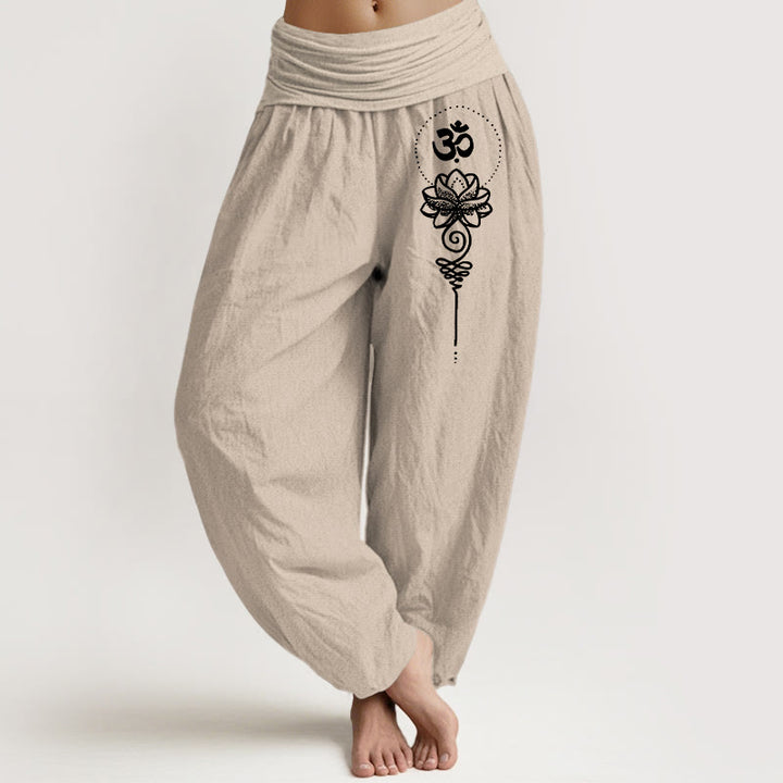 Buddha Stones Pure Cotton Minimalist Style Om Symbol Lotus Pattern Women's Elastic Waist Harem Pants - Tan - US16，UK/AU20，EU48 (3XL) - image 11