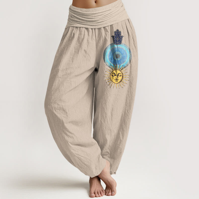 Buddha Stones Pure Cotton Minimalist Style Hamsa's Hand Sun Pattern Women's Elastic Waist Harem Pants - Tan - US16，UK/AU20，EU48 (3XL) - image 11