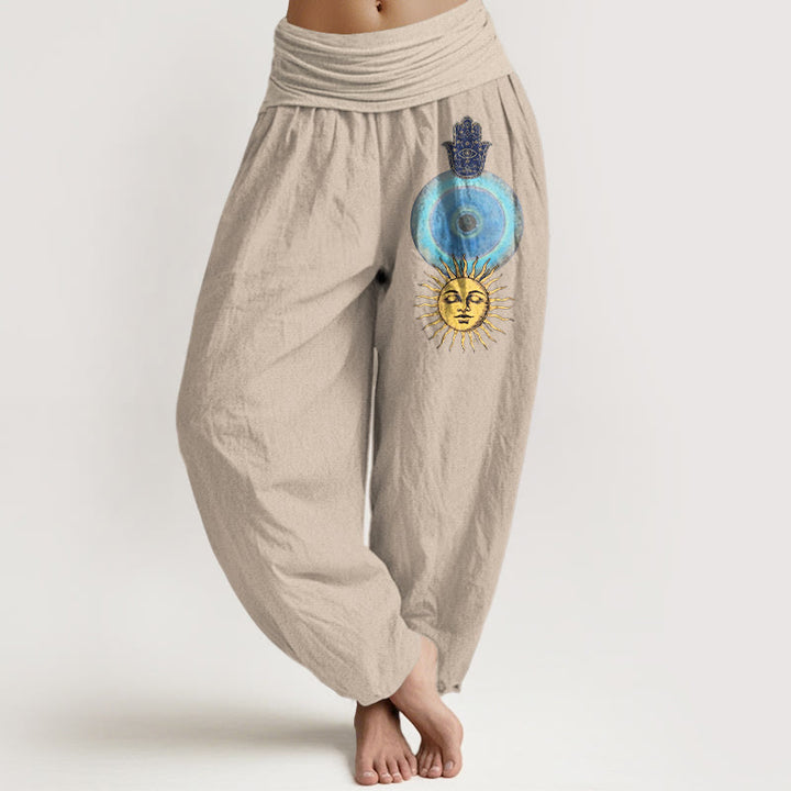 Buddha Stones Pure Cotton Minimalist Style Hamsa's Hand Sun Pattern Women's Elastic Waist Harem Pants - Tan - US16，UK/AU20，EU48 (3XL) - image 11