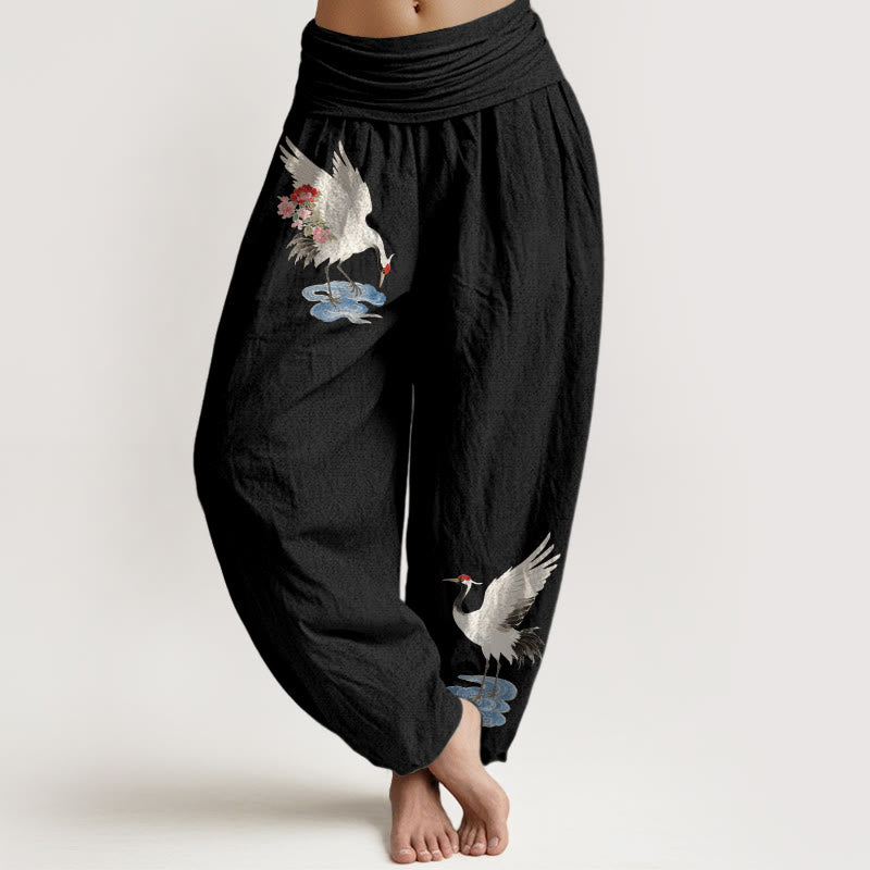 Buddha Stones Pure Cotton Elegant Crane Flower Cloud Pattern Women's Elastic Waist Harem Pants - Black - US16，UK/AU20，EU48 (3XL) - image 5