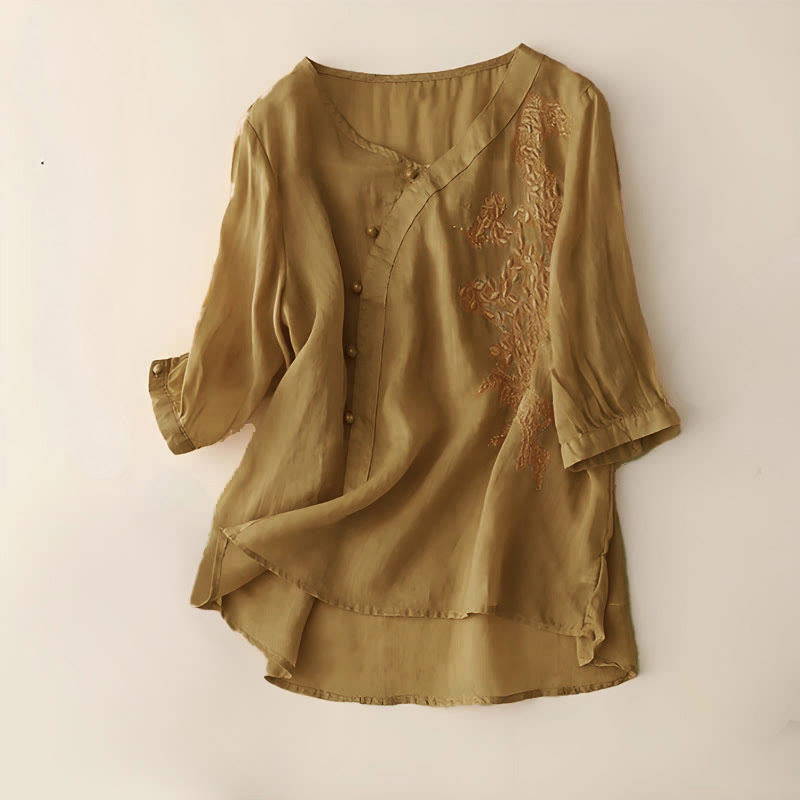 Buddha Stones Casual Loose Flower Embroidery Frog Button Short Sleeve Women's Shirt - DarkGoldenrod - US14，UK/AU18，EU46 (4XL) - image 5