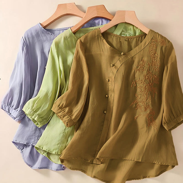 Buddha Stones Casual Loose Flower Embroidery Frog Button Short Sleeve Women's Shirt - image 7