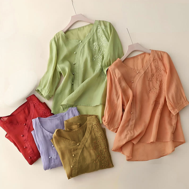 Buddha Stones Casual Loose Flower Embroidery Frog Button Short Sleeve Women's Shirt - image 10