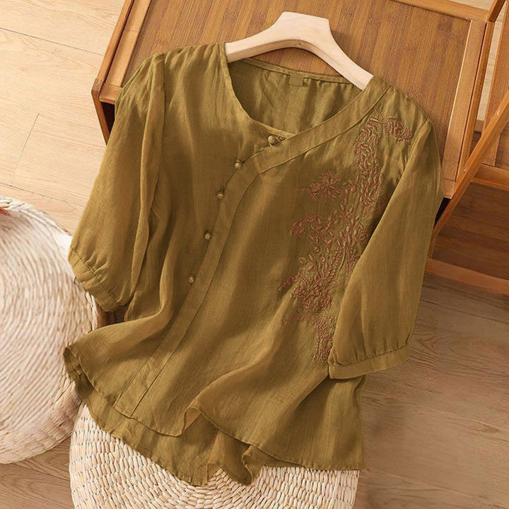 Buddha Stones Casual Loose Flower Embroidery Frog Button Short Sleeve Women's Shirt - image 6