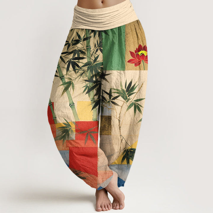 Buddha Stones Cotton Colorful Bamboo Lotus Geometric Shapes Pattern Women's Elastic Waist Harem Pants - LemonChiffon - US16，UK/AU20，EU48 (3XL) - image 0