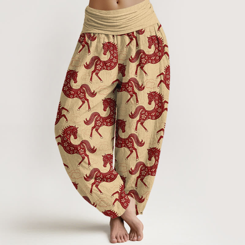 Buddha Stones Cotton Gorgeous Horse Cloud Pattern Women's Elastic Waist Harem Pants - Gold - US16，UK/AU20，EU48 (3XL) - image 8