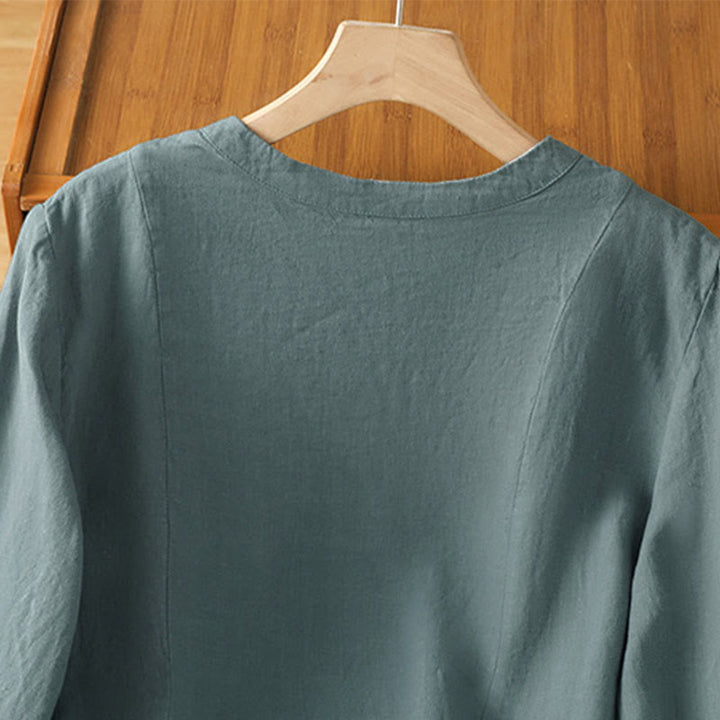 Buddha Stones Fall Commute Patchwork Plain Design Long Sleeve Women's Cotton Buttons Shirt - image 21
