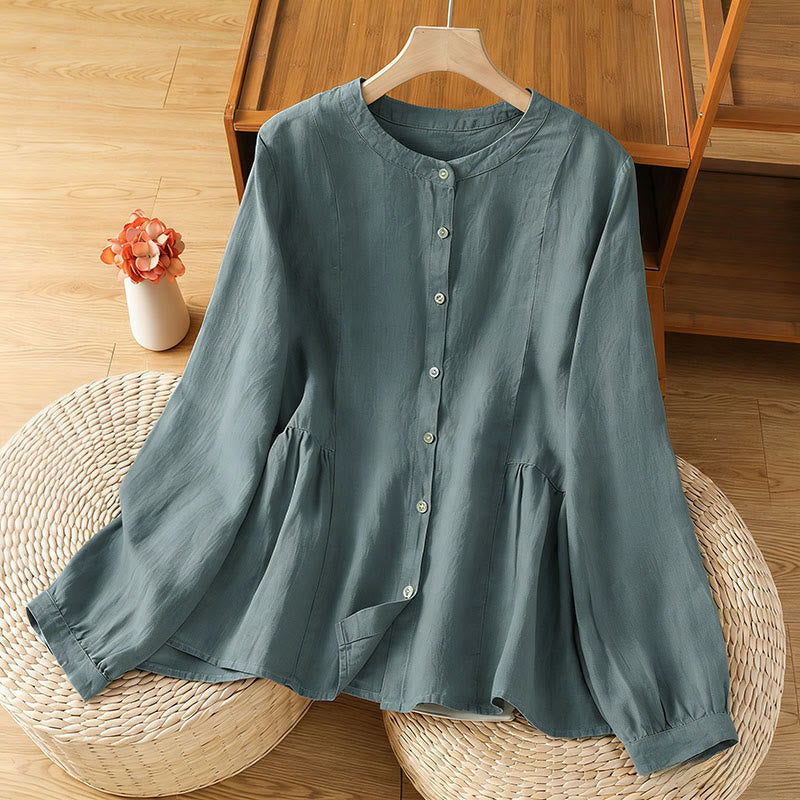 Buddha Stones Fall Commute Patchwork Plain Design Long Sleeve Women's Cotton Buttons Shirt - CadetBlue - US8-10，UK/AU12-14，EU40-42 (2XL) - image 18