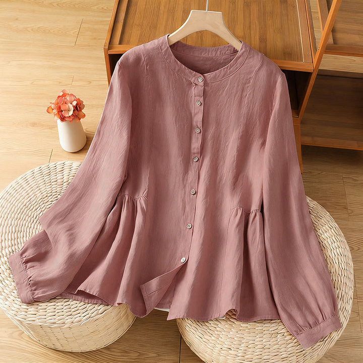 Buddha Stones Fall Commute Patchwork Plain Design Long Sleeve Women's Cotton Buttons Shirt - LightCoral - US8-10，UK/AU12-14，EU40-42 (2XL) - image 0