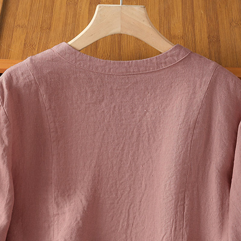 Buddha Stones Fall Commute Patchwork Plain Design Long Sleeve Women's Cotton Buttons Shirt - image 3