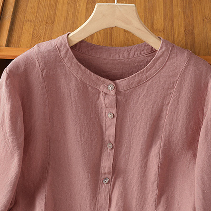 Buddha Stones Fall Commute Patchwork Plain Design Long Sleeve Women's Cotton Buttons Shirt - image 2