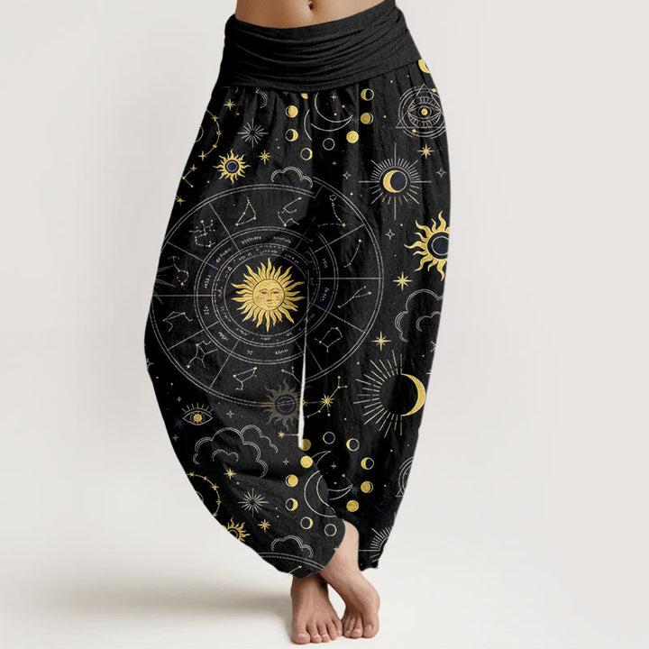 Buddha Stones Cotton Gorgeous Sun Moon Star Constellation Cloud Pattern Women's Elastic Waist Harem Pants - Black - US16，UK/AU20，EU48 (3XL) - image 5