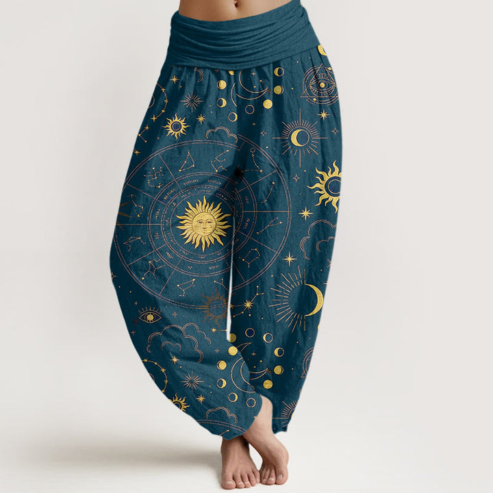 Buddha Stones Cotton Gorgeous Sun Moon Star Constellation Cloud Pattern Women's Elastic Waist Harem Pants - Teal - US16，UK/AU20，EU48 (3XL) - image 8
