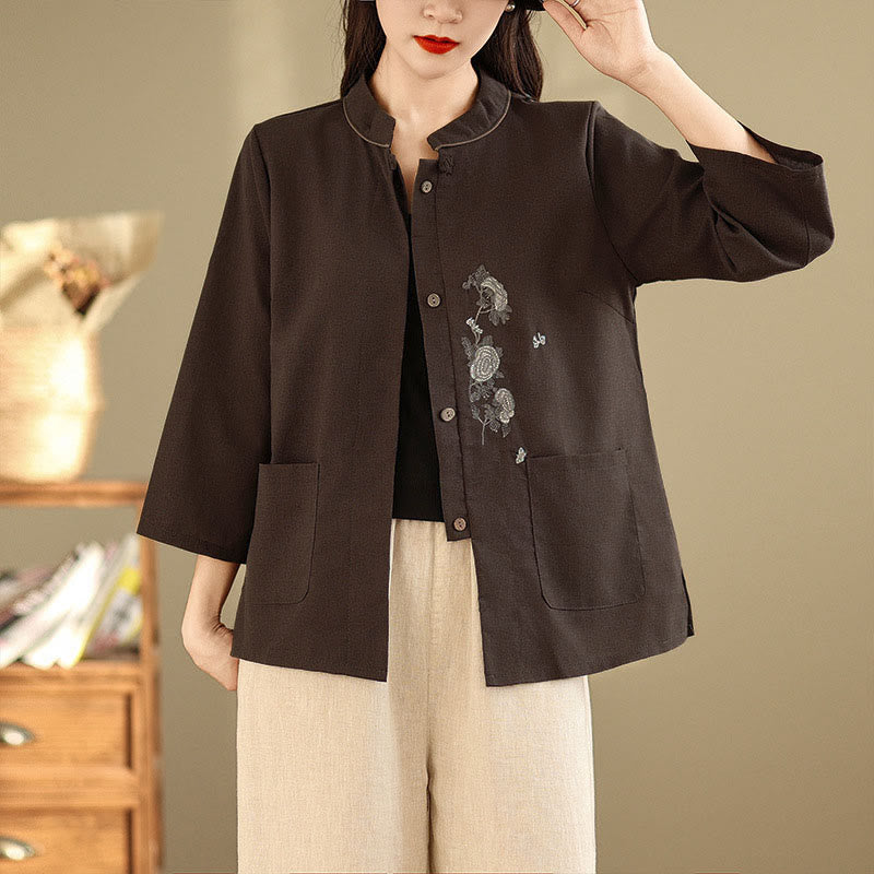 Buddha Stones Commute Embroidery Floral Pattern Three Quarter Sleeve Women's Cotton Shirt With Pockets - SaddleBrown - US8-10，UK/AU12-14，EU40-42 (2XL) - image 1
