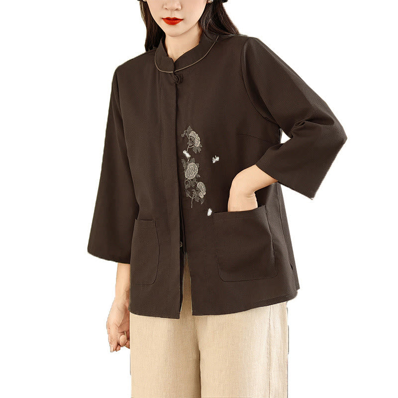 Buddha Stones Commute Embroidery Floral Pattern Three Quarter Sleeve Women's Cotton Shirt With Pockets - image 6