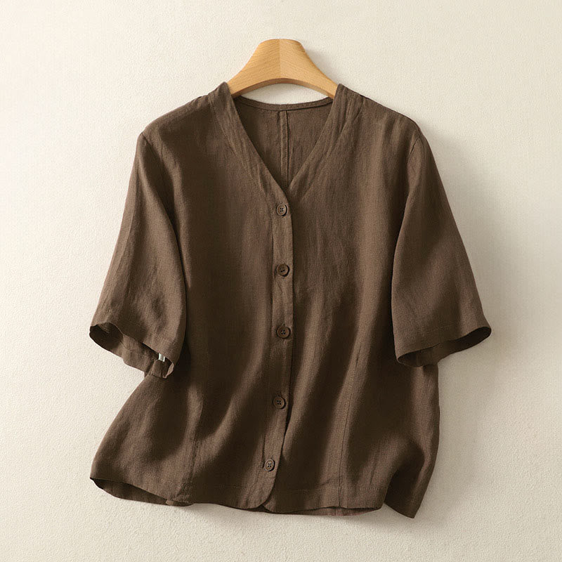 Buddha Stones Summer Solid Color V-Neck Buttons Simple Design Women's Short Sleeve Shirt - SaddleBrown - US8-10，UK/AU12-14，EU40-42 (2XL) - image 18