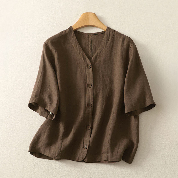 Buddha Stones Summer Solid Color V-Neck Buttons Simple Design Women's Short Sleeve Shirt - SaddleBrown - US8-10，UK/AU12-14，EU40-42 (2XL) - image 18