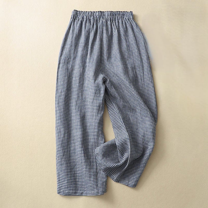Buddha Stones Commute Casual Checkered Pattern 7-8 Length Women's Wide Leg Cotton Linen Pants With Pockets - Navy - US8-10，UK/AU12-14，EU40-42 (2XL) - image 0