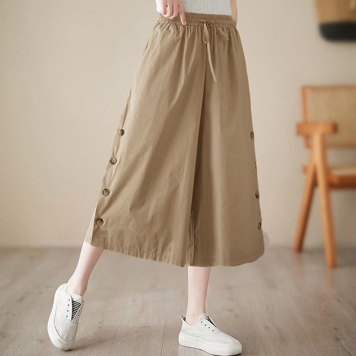 Buddha Stones Plain Buttoned Side Design Capri Cropped Women's Wide Leg Pants With Pockets - image 16