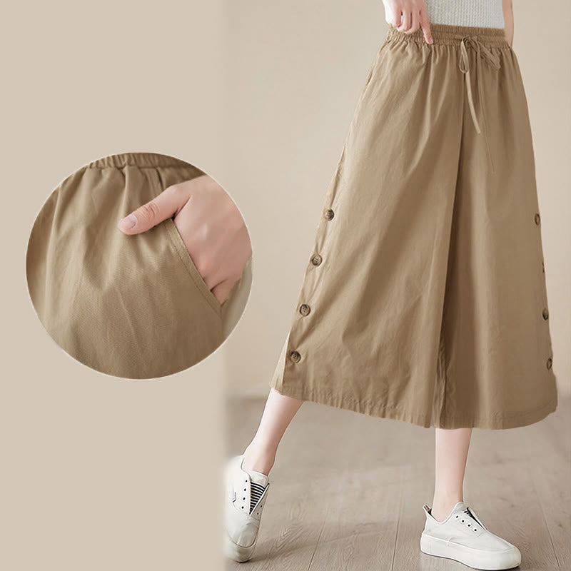 Buddha Stones Plain Buttoned Side Design Capri Cropped Women's Wide Leg Pants With Pockets - image 19