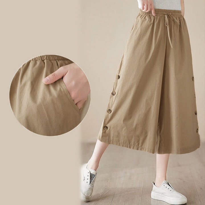 Buddha Stones Plain Buttoned Side Design Capri Cropped Women's Wide Leg Pants With Pockets - image 19