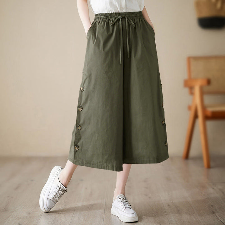 Buddha Stones Plain Buttoned Side Design Capri Cropped Women's Wide Leg Pants With Pockets - DarkOliveGreen - US8-10，UK/AU12-14，EU40-42 (2XL) - image 10